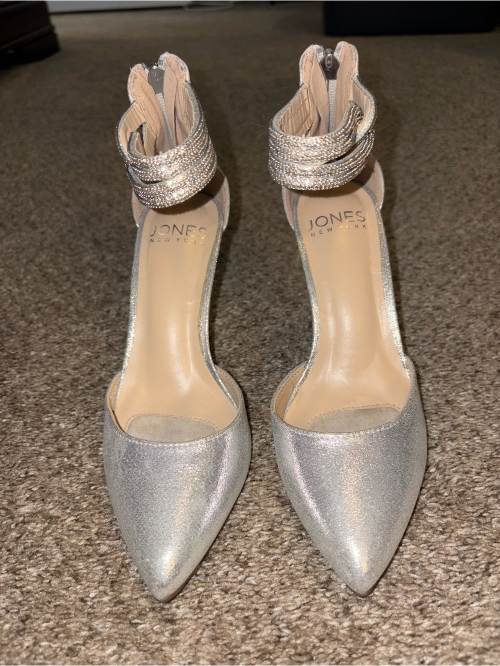 Jones New York Shimmering Silver Pointed-Toe Ankle-Strap Heels